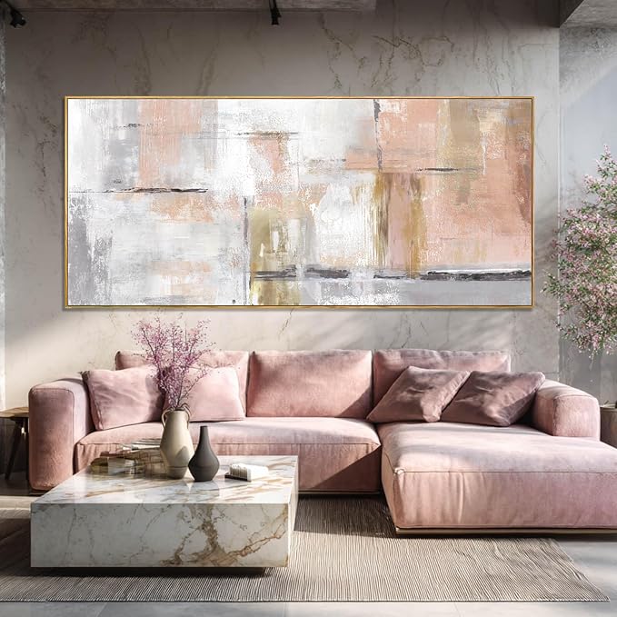 SOUGUAN Contemporary Home Wall Decor Pink and White Canvas Painting Abstract Wall Art 32"x70" Decorations for Bedroom Kitchen Artwork