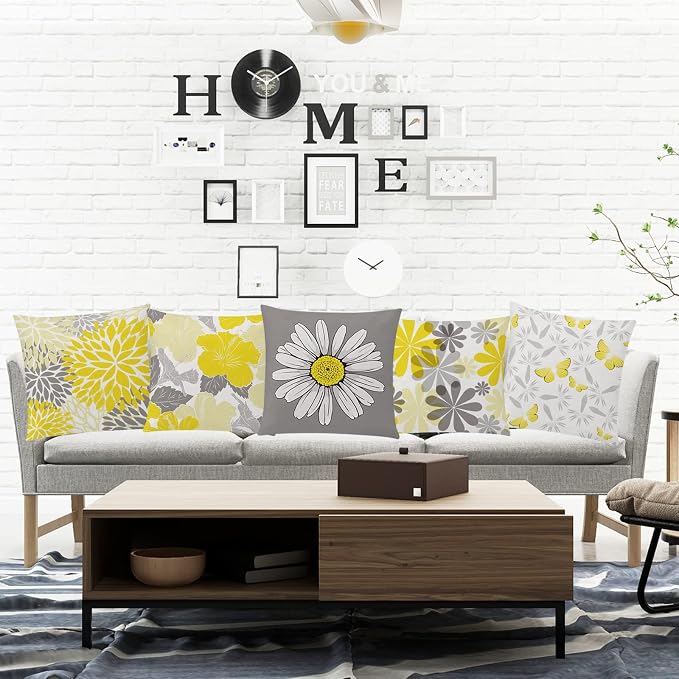 Yellow Throw Pillow Covers 20x20 Set of 6, Large Daisy Floral Home Decor | decorative daisy dahlia, Botanical floral, Large Throw Pillow Size, Breathable Linen, summer Decor Couch Sofa Living Room