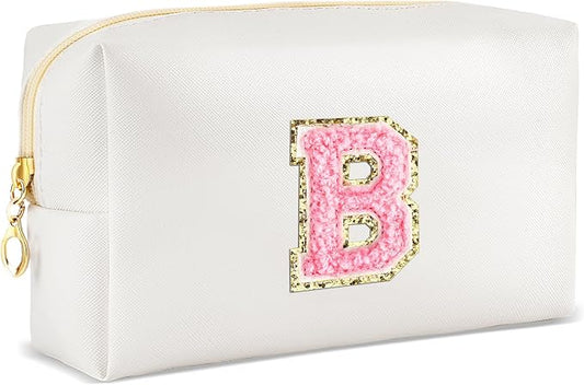 URSKYTOUS Initial Makeup Bag Personalized Preppy Travel Small Cosmetic Bag Cute PU White Chenille Letter Makeup Pouch for Purse Waterproof Zippered Toiletry Organizer for Women Girls Kids Friends (B)