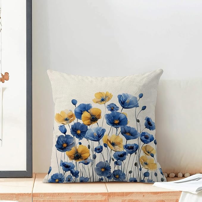 Spring Floral Pillow Covers 16x16 Set of 2 Blue Yellow Flower Decorative Throw Pillow Covers Decor Summer Seasonal Pillowcase Farmhouse Decorative Cushion Cover for Home Sofa Outdoor Decoration
