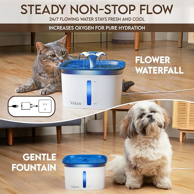 Veken Innovation Award Winner 95oz/2.8L Cat Water Fountain | Automatic Pet Fountain Dog Water Dispenser with Replacement Filters & Silicone Mat for Cats, Dogs (Blue, Plastic)