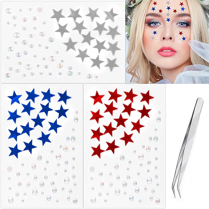 4th July Star Face Stickers Gems for Makeup, 3 Sheets Red Silver and Blue Face Glitter Rhinestone jewels, Self Adhesive Face Eye Nail Body Gems Stick on for Patriotic Rave Festival Accessories