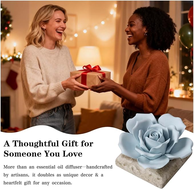 Ceramic Passive Essential Oil Diffuser, Aesthetic Desktop Handmade Flower & Concrete Base, Porcelain Aromatherapy Oils Diffuser for Home, Office, Yoga, Spa Room (Blue Rose)