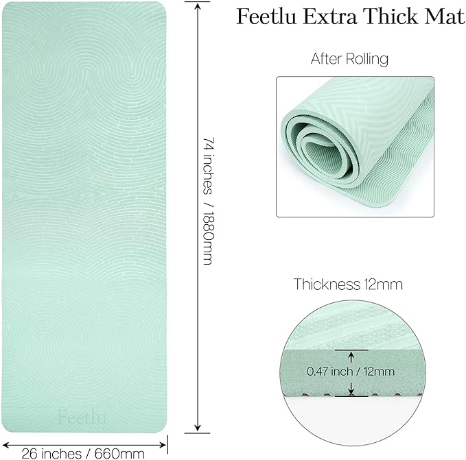 Extra Thick 12mm Exercise Mat – 74"L x 26"W Inch, Non-Slip, Joint-Friendly & Cushioned Fitness Mat for Yoga, Pilates & Floor Workouts – Durable, Supportive & Includes Feetlu Classic Strap