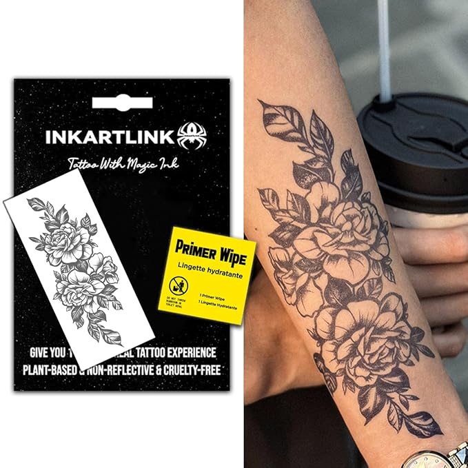 INKARTLINK Semi Permanent Tattoos, Flower Temporary Tattoo, Large Tattoo for Women, Party Tattoo, Beautiful and Realistic Design, Cruelty-free, Non-reflective, Waterproof (Blooming Flowers)