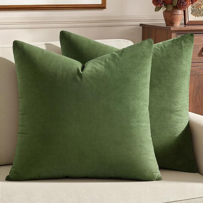MIULEE Velvet Throw Pillow Covers 20x20 Inch Pack of 2 Moss Green | Soft Solid Decorative Pillow Covers, Modern Luxury Home Decor, for Couch Chair Sofa Bedroom Livingroom