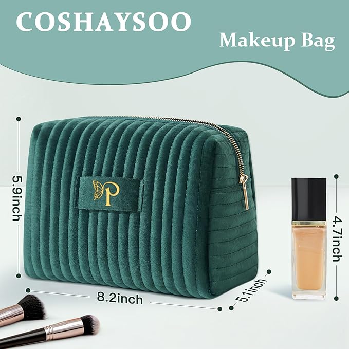 COSHAYSOO Travel Makeup Bag Quilted Make Up Pouch Initial Cosmetic Case with Butterfly Decorations for Women Lipstick Glossier Lipgloss Lip Stain Moisturizer Mascara Eyeliner Organizer Green Letter P