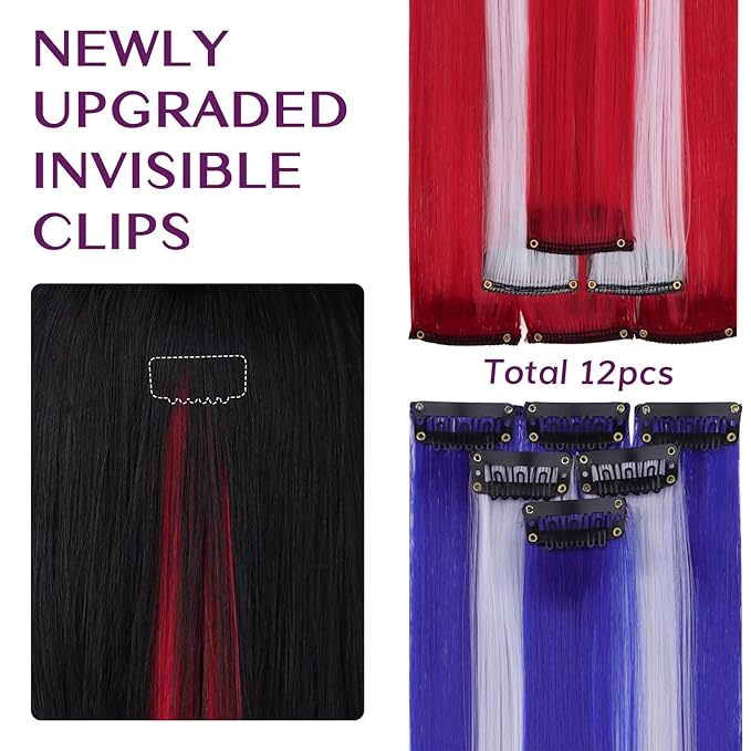 IDN BEAUTY Colored Clip in Hair Extension, 12PCS Red Blue White 24Inch Multicolored Deep Purple Mix Synthetic Hair Pieces for Women, Hair Accessories for Party Cosplay Travel Birthday