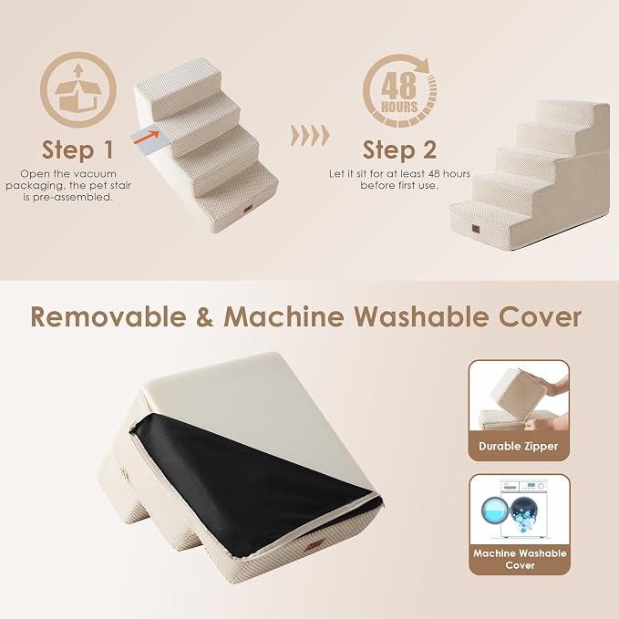 EHEYCIGA Dog Stairs for High Bed 22.5" H, 5-Step Dog Steps, Beige | Pet Steps for Small Dogs and Cats for Bed, Non-Slip Balanced Pet Ramp Indoor