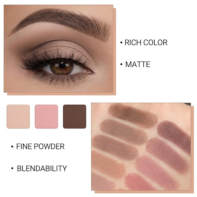 Erinde 12 Colors Eyeshadow Palette, Pink Brown Neutrals & Nude Eye Shadow Makeup, Matte Finishes, Long Lasting Ultra-Blendable Waterproof Eyeshadow Powder for Daily & Party, 03