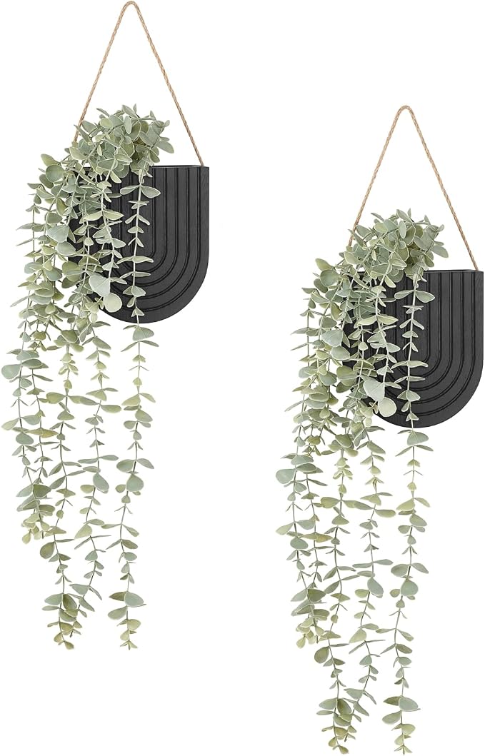 Dahey 2 Pack Wall Planter Vase with Hanging Fake Plants for Bathroom Decor | Eucalyptus Wall Plants, Boho Farmhouse Wood Wall Art Decor for Living Room Bedroom Kitchen Home Office, 2 Ways to Hang, Black
