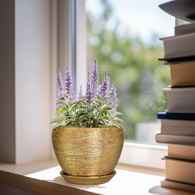 Ceramicfor Indoor Plant Pot 6 Inch - Ceramic Pot for Plants Outdoor Planter with Drainage Hole and Saucer Round Decorative Planter Modern Flower Pot for Home Decor Gold