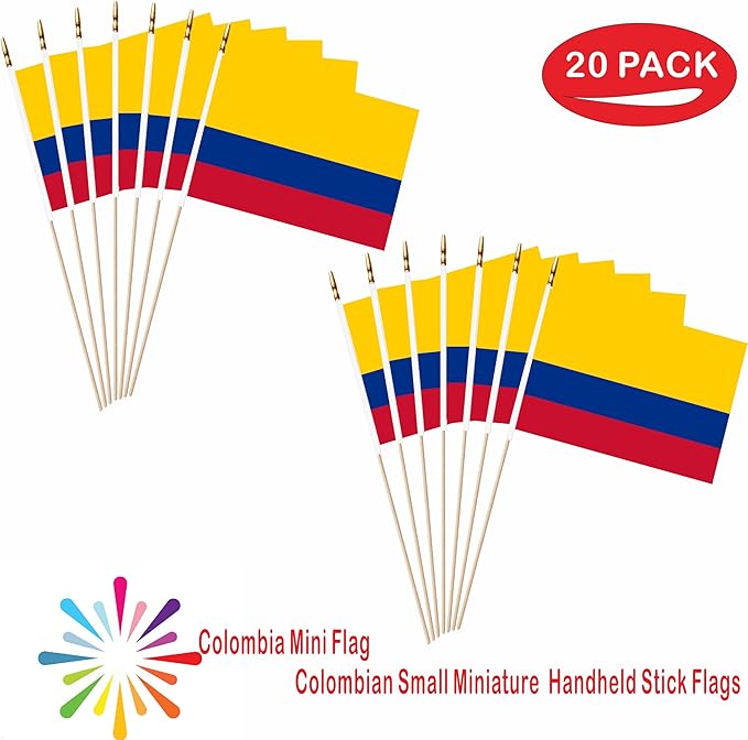 20 Pack Colombia Mini Stick Flags Colombian Small Miniature Handheld Flag Decorations,5x8 Inch