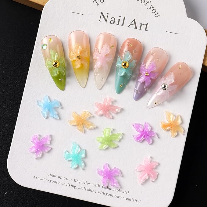 Summer Flower Nail Charms 3D Hibiscus Flowers for Nails Gems Spring Nail Jewelry with Rhinestones Acrylic Nail Art Color Ice Lily Floral Charms for Women Manicure Nail Decoration DIY Crafts