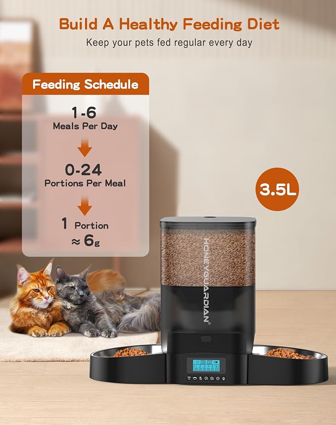 HoneyGuaridan Automatic Cat Feeder for 2 Cats,Cat Food Dispenser | Timed Cat Feeder Programmable 1-6 Meals Control, Prevent Fighting, Precise Portion, Blanced Dispense, Voice Recorder