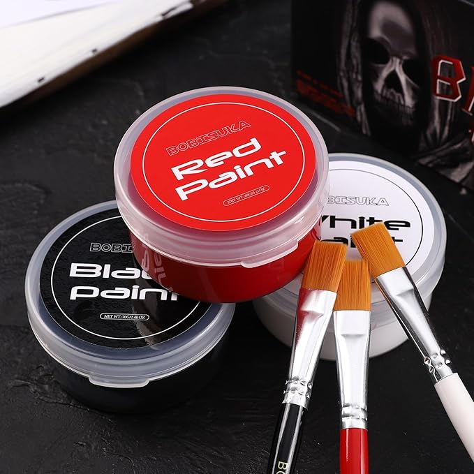 BOBISUKA Black + White + Red Oil Face Body Paint Set, Large Capacity Professional Paint Palette Kit with Brushes for Art Theater Halloween Party Cosplay Clown Sfx Makeup for Adults