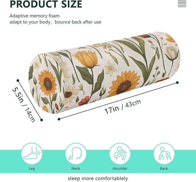 Sunflowers and Roses Beige Neck Roll Pillow Bolster Round Health Memory Foam Long Cervical Cylinder Pillows with Removable Washable Cover for Body Bed Legs Back Yoga