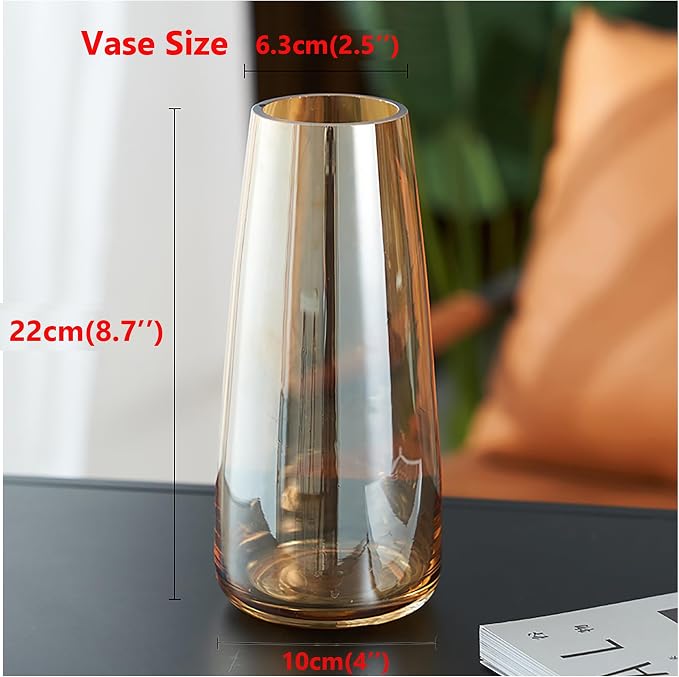 FANTESTICRYAN Modern Glass Vase, 8.7''H Decor Flower Vases, Crystal Amber | Crystal Colored Vase Fresh/Faux Floral Vases, For Home Office Table Centerpiece Decor Housewarming Wedding Gift for Lover