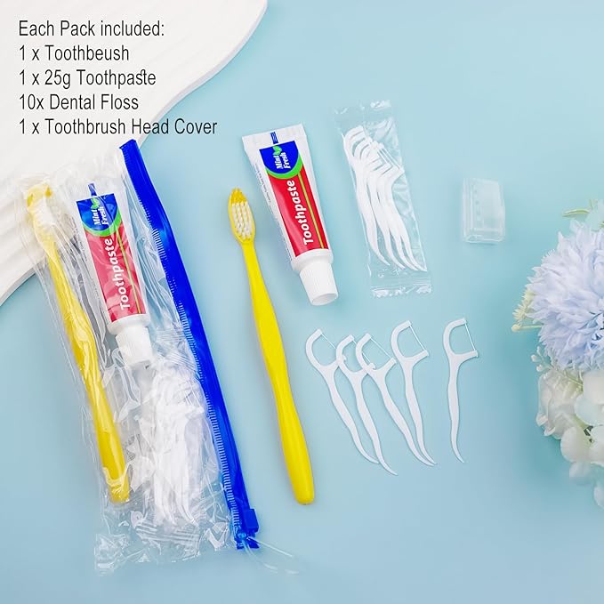 Xuezoioy 10 pcs Disposable Toothbrushes with Toothpaste and Floss Set,Yellow Individually Wrapped Bulk Single Use Toothbrush Floss Cover Travel Toothbrushes Kit with Zip Bag for Homeless,Hotel,Guest