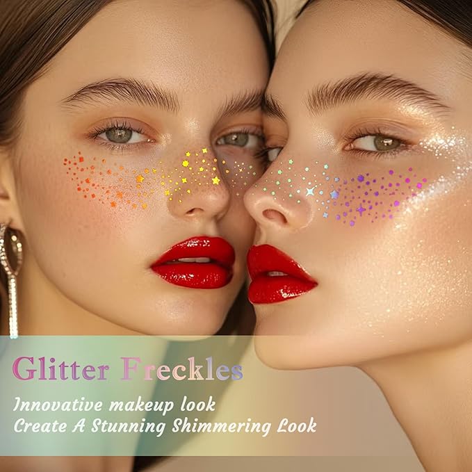 Glitter Freckles, 24PCS Glitter Freckles Face Tattoo, Sparkle Freckles for Women, Waterproof Gold Temporary Face Tattoos Glitter Glow Up Patches Makeup Patches (Holographic 12pcs)