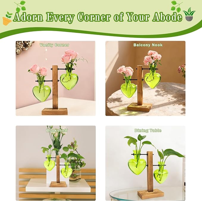 XXXFLOWER Plant Propagation Station Terrarium 2 Green Heart Shaped Vase | Terrarium Kit Bulb Glass Metal Desk Plant Holder, Retro Air Plants Water Plants, Home Office Decoration