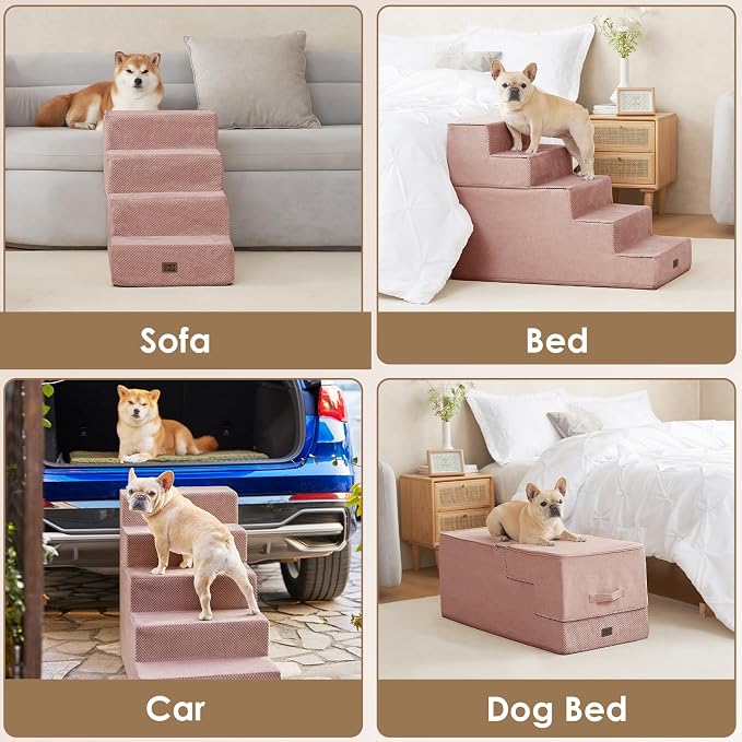 EHEYCIGA Dog Stairs for Bed 20" H, 4-Step Extra Wide Dog Steps, Pink | Pet Steps for Small Dogs and Cats for High Bed, Non-Slip Balanced Pet Ramp Indoor