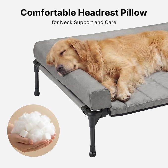 Veehoo Outdoor Elevated Dog Bed with Waterproof Bolster Cushion, Cooling | Raised Dog Bed with Removable & Washable Mat Topper, Breathable Mesh, Dog Couch Cot for Indoor Outdoor, 53", Large, Grey