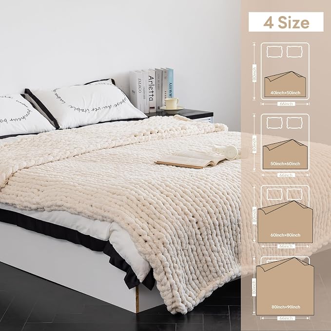Chunky Knit Blanket - Luxury Soft Cozy 50 * 60 Throw Blanket,100% Woven Blanket Rope Knot Throw Blanket for Couch, Sofa, Home Decor, Gift - Machine Washable (Cream, 50 * 60)