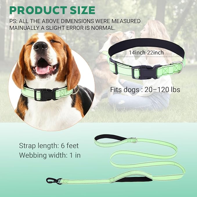 Dog Collar and Leash Set， Glow in The Dark & Reflective Leash and Collar