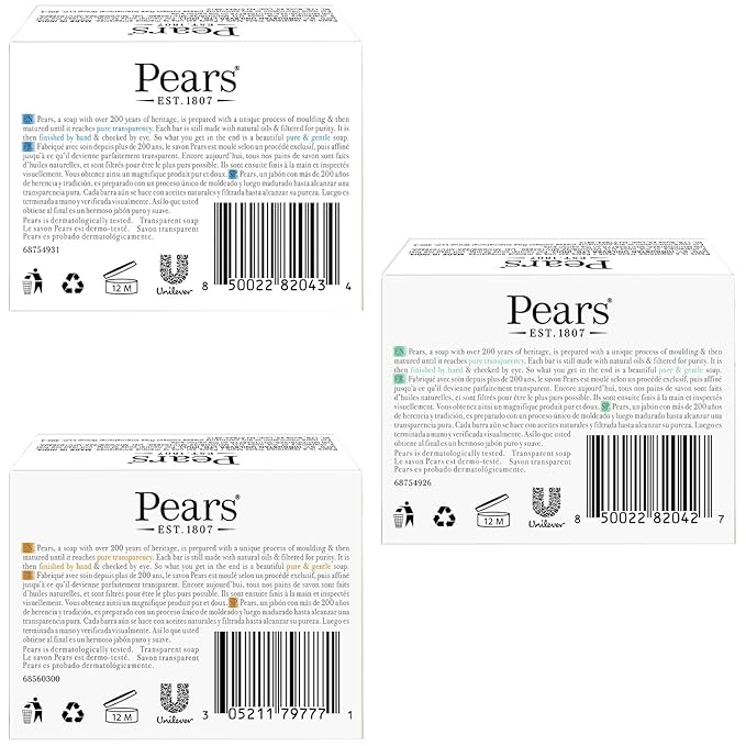 Pears Soap, Pure & Gentle Glycerin Soap Variety 3-Pack – Blue with Mint, Green with Lemon Flower Extract, and Amber with Natural Oils, 4.4 Oz Each