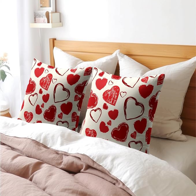 Kawani Love Hearts Throw Pillow Covers 16x16 Inches, Red White Decorative Pillowcase Set of 2 Cotton Linen Cushion Case for Couch Sofa Anniversary Engagement Wedding Room Home Decor