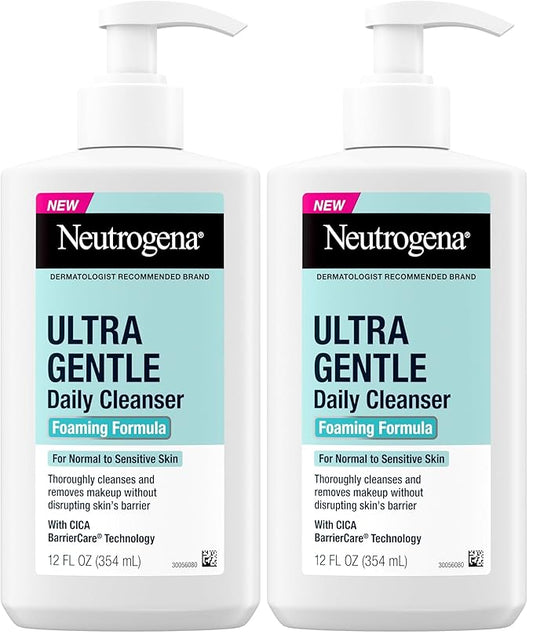 Neutrogena Ultra Gentle Foaming Facial Cleanser, Foaming Face Wash for Sensitive Skin, Gently Cleanses Away Dirt, Oil & Makeup Without Over Drying, Fragrance-Free, 12 fl. oz (Pack of 2)