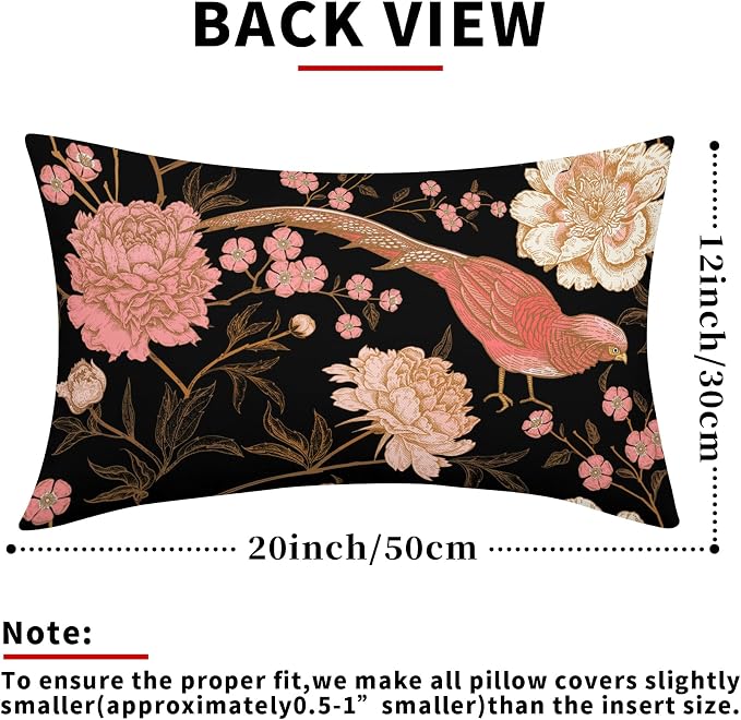 Flowers Birds Leaf Lumbar Pillow Covers 12X20 Inch Set of 2 Pink White Roses Floral Decorative Pillow Cases Art Black Gold Cotton Linen Cushion Case Vintage Home Decor for Sofa Couch Porch Outdoor