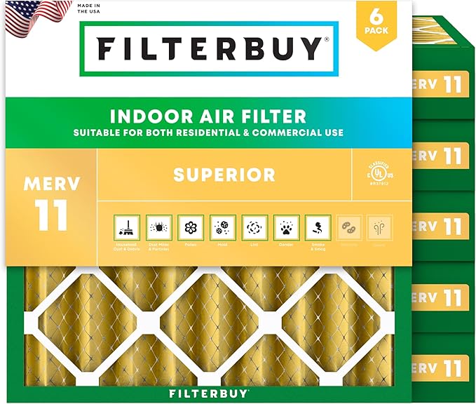 Filterbuy 12x12x4 Air Filter MERV 11 Superior Pet & Allergy Defense (6-Pack), Electrostatic Pleated HVAC AC Furnace Filters Replacement, Made in USA (Actual Size: 11.50 x 11.50 x 3.63)