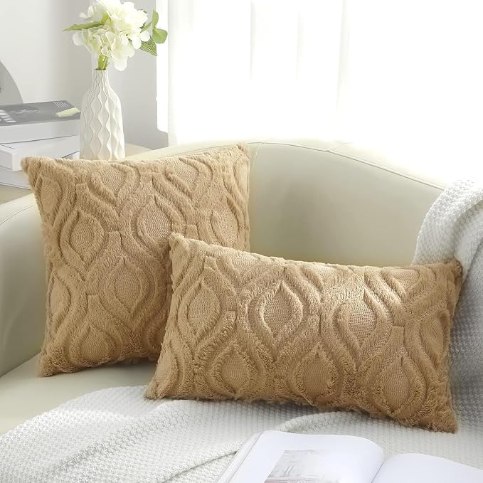 decorUhome Faux Fur Light Brown Khaki Throw Pillow Covers 26x26 Set of 2 | Plush Solid Fall Couch Pillow Covers, Accent Modern Farmhouse Neutral Decorative Soft Pillow Cases for Sofa Bed Living Room