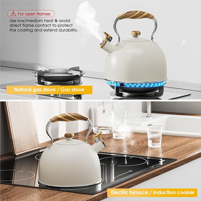 2.6 Quart Tea Kettle Stovetop Whistling for Stove Top, Cream | Food Grade Stainless Steel Tea Kettles with Cool Wood Pattern Handle, Induction Compatible