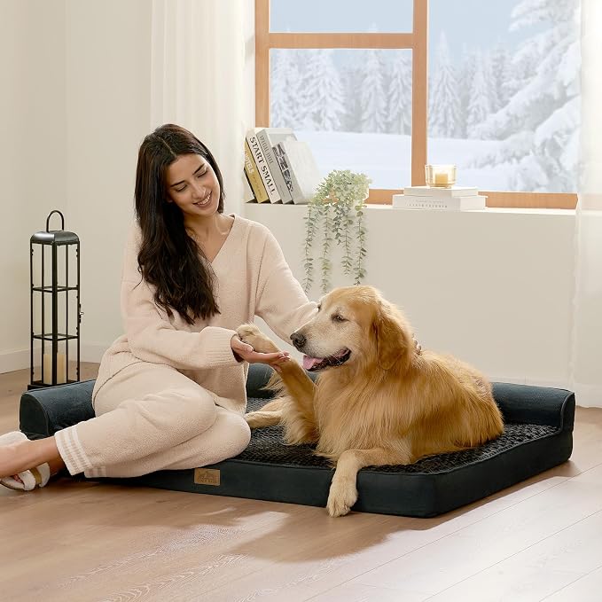 COZY KISS Orthopedic Dog Bed for Extra Large Dogs, L Shaped XL 44x32 inch | Non-Slip Bottom Soft Pet Sofa with Washable Removable Waterproof Cover, Egg-Crate Foam Couch with Portable Handle, Black