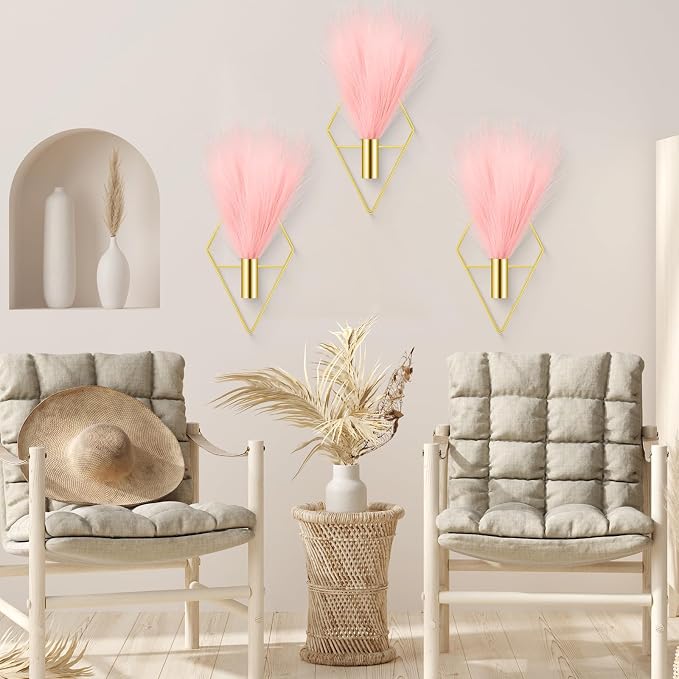 Hanaive 4 Sets Boho Wall Decor Metal Wall Art Hanging Planters with Artificial Pampas Display Modern Home Vase for Bedroom Home Office(Sweet,Gold, Pink)