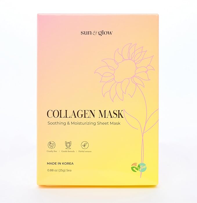 SUN & GLOW VEGAN COLLAGEN MASK Including Natural Elements Fermented 7-Layer Hyaluronic Acid Complex Soothing and Moisturizing Skin Korean Home Skincare Mask (0.88oz 25g 5Packs)