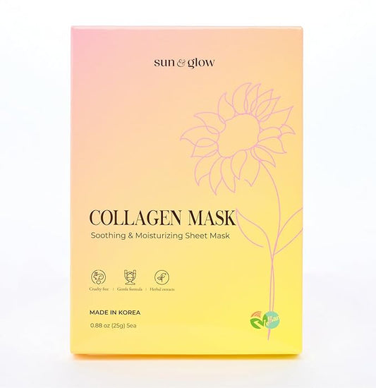 SUN & GLOW VEGAN COLLAGEN MASK Including Natural Elements Fermented 7-Layer Hyaluronic Acid Complex Soothing and Moisturizing Skin Korean Home Skincare Mask (0.88oz 25g 5Packs)