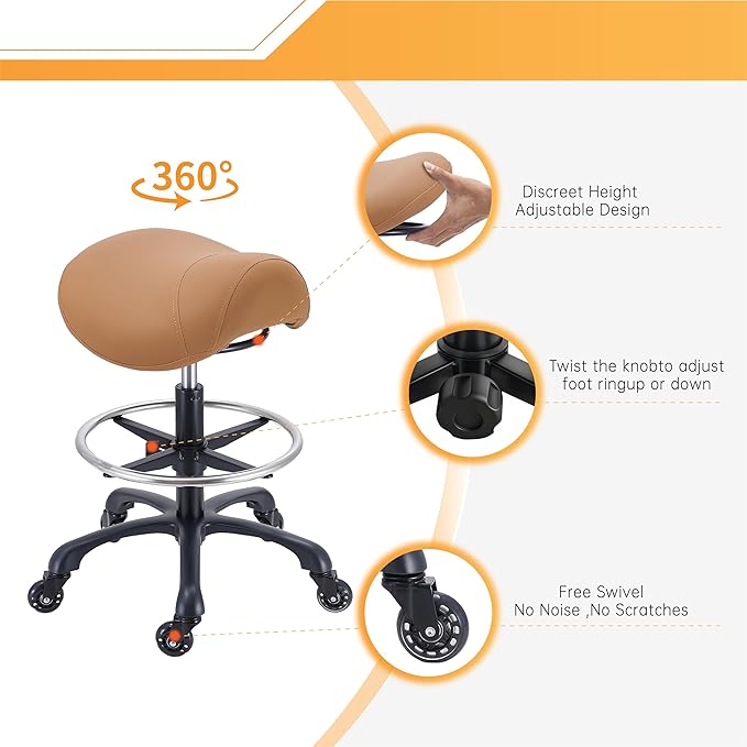 Saddle Salon Stool with Footrest,Heavy Duty, Adjustable Height, Rolling Esthetician Chair for Tattoo Spa Medical Dentist Clinic(Brown)