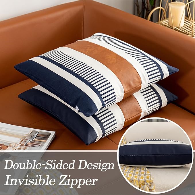 Set of 2 Large Throw Pillow Covers 24x24 Neutral Decorative Pillow Case for Sofa Couch Bed Faux Leather Accent Square Cushion Cover, Modern Farmhouse Decor