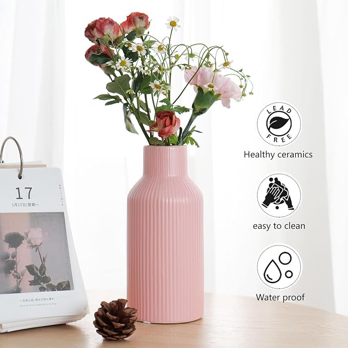 Bohemian Pink Ceramic Vase - for Pampas Grass, Mantel, Bookshelf, Entryway and Living Room Decor (Pink, 8in)