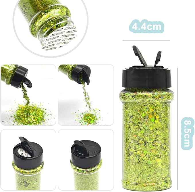 Light Green - Craft Glitter - 2oz Glitter Shaker Bright Colorful Mix Chunky Body Glitter Bulk - 24 Colors in Shaker, Cosmetic Grade Glitter - EBLB608