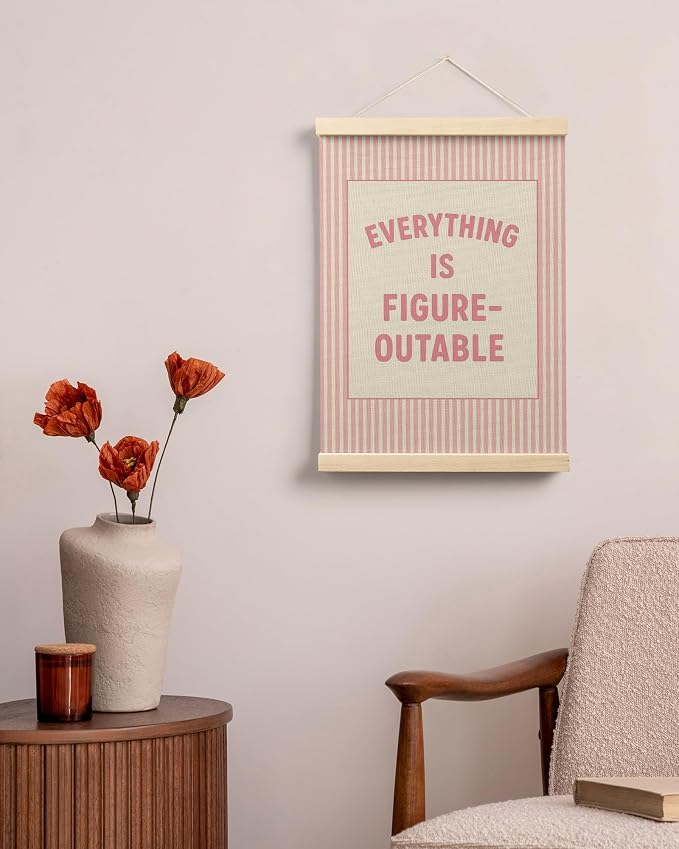 FGFK Preppy Pink Everything Is Figureoutable Inspirational Wall Art Poster Hanger Frame, Girly Pink Striped Positive Affirmations Canvas Prints Framed Wall Decor for Girls Bedroom Dorm, 12x16 Inch
