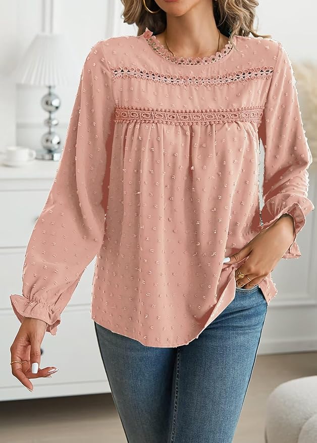 Womens Boho Tops Long Sleeve Shirts For Women Cute Crewneck Blouse Dressy Casual Swiss Dot Crochet Hollow Top 2026