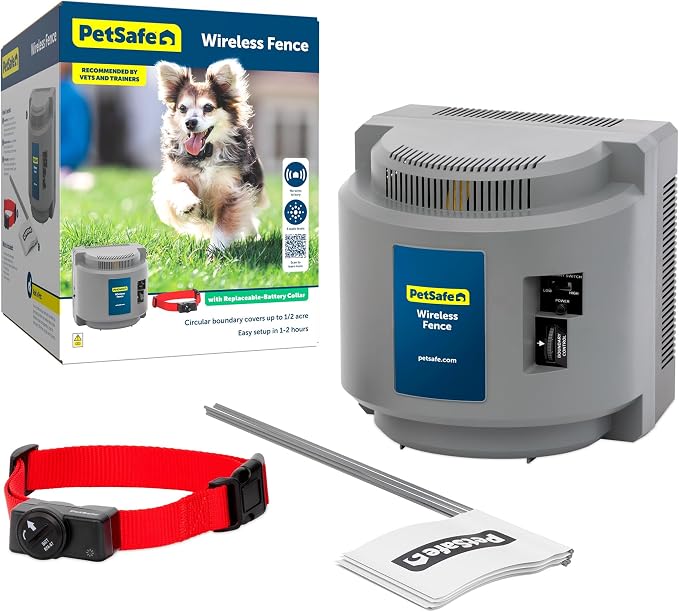 PetSafe Wireless Pet Containment System, Up to 1/2 Acre | Wireless Fence, Tone & Static Correction, Proprietary Circular Boundary with No Wire, Static-Free Re-Entry, Dogs 8 lb+