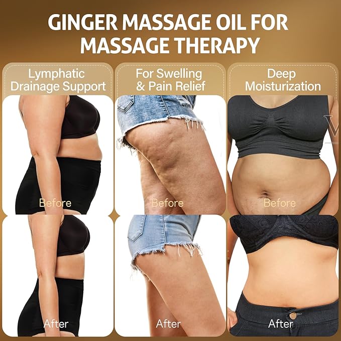 Ginger Oil,Ginger Massage Oil with Arnica for Lymphatic Drainage, Belly Drainage & Sore Muscle Relief,Natural Body Oil for Skin, Warming Spa Massage & Relaxation Therapy
