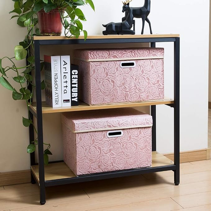 Large Foldable Storage Boxes with Lids [5-Pack] Fabric Decorative Storage Bin Cubes Organizer Containers Baskets with Cover Handles for Bedroom Closet Nursery Pink 17.7x11.8x11.8 Inch