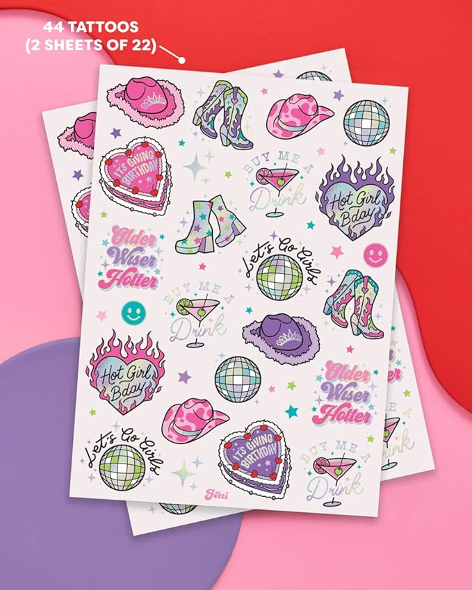 xo Fetti Birthday Decorations Temporary Tattoos - 44 pcs | Fun Bday Girl Party, Older, Wiser, Hotter, HBD, Disco Cowgirl, Hot Girl Bday